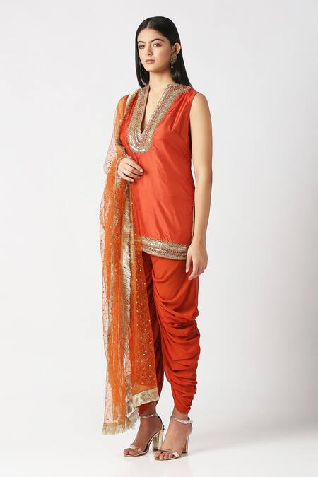 Shop_Labbada_Orange Kurta Pure Silk Hand Embroidered Marodi V Neck Short Patiala Set_Online_at_Aza_Fashions