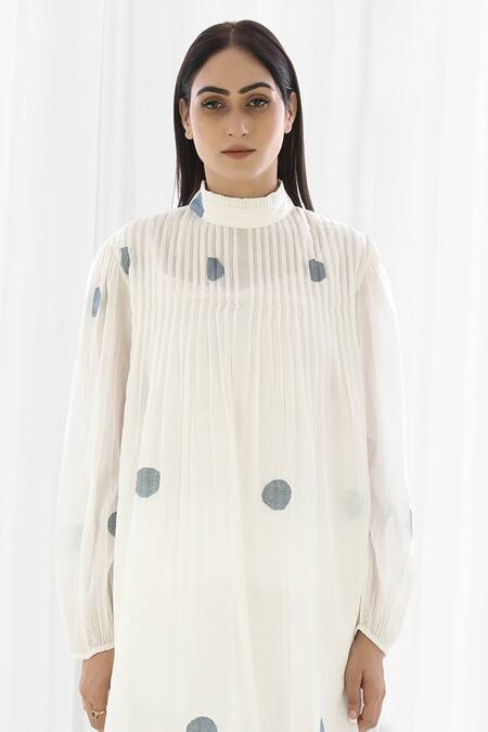Khat_White , Handloom High Neck Pleated And Polka Pattern Tunic & Pant Set _at_Aza_Fashions