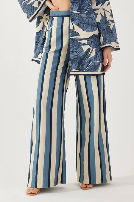 Koai_Cream Cotton, Silk Stripe Pattern Flared Pant _at_Aza_Fashions
