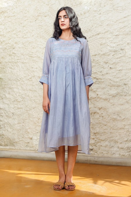 Shop_Tatwa_Blue Handloom Cotton, Viscose Embroidery Round Neck Chanderi Resham Dress _Online_at_Aza_Fashions