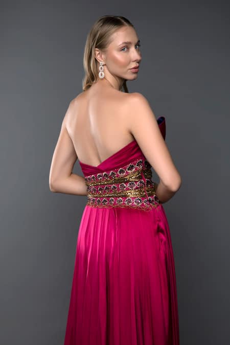 Anjum Qureshi_Fuchsia Satin Hand Embroidered Thread Tube Neck Structured Cowl Gown _at_Aza_Fashions