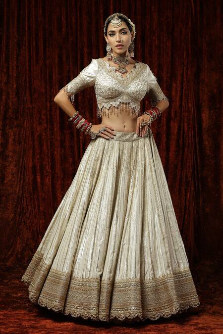 Shop_Shikhar Sharma_Silver Lehenga Cotton Simmer Chanderi Chhadee Embellished Bridal Set _Online_at_Aza_Fashions
