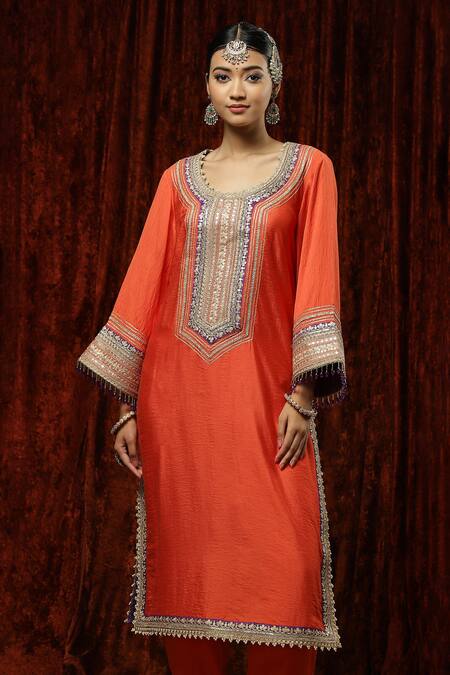 Shikhar Sharma_Orange Silk Chanderi Embroidered Pearl Round Kurta Pant Set _at_Aza_Fashions