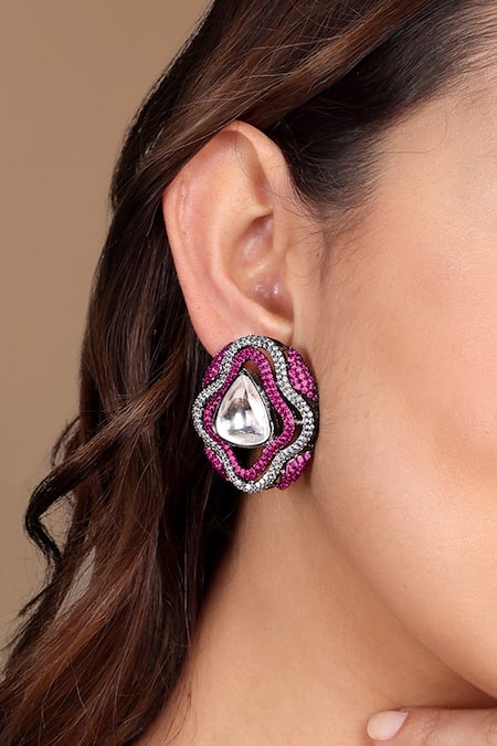 Tizora_White Fabric Flowers, Diamonds Quatrefoil Shaped Earrings _Online_at_Aza_Fashions