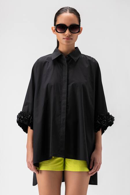 Shop_Genes Lecoanet Hemant_Black Cotton Embroidery Collared High Low Hem Shirt_Online_at_Aza_Fashions