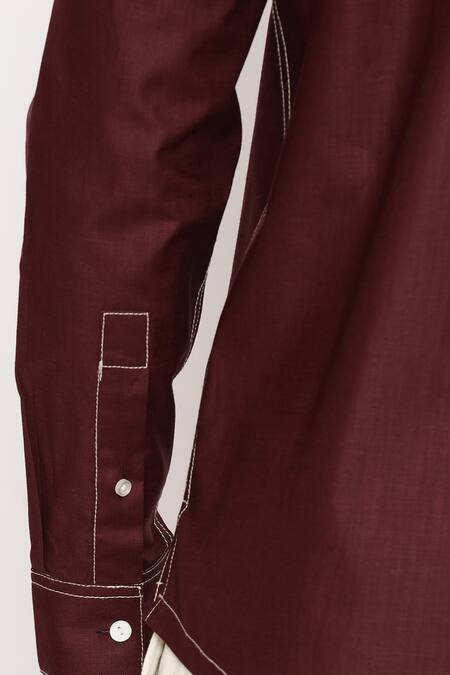 Lacquer Embassy_Maroon 100% Cotton Solid Olave Shirt _at_Aza_Fashions