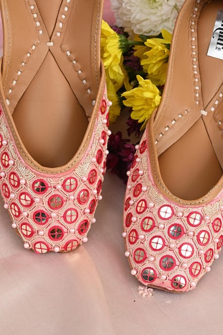Miar Designs_Pink Sequin Coin Sasha Checkered Embroidered Juttis_at_Aza_Fashions