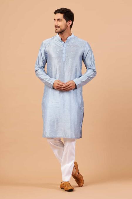 Shop_Hilo Design_Blue Cotton, Silk, Lycra Embroidery Viva Dot Kurta Set _Online_at_Aza_Fashions