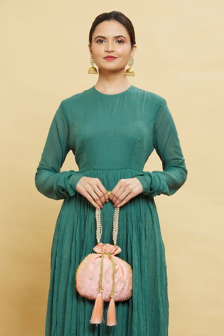 Shop Nazaakat By Samara Singh Peach Embroidery, Beads Floral Pearl Embellished Potli Online at Aza Fashions Shop_Nazaakat By Samara Singh_Peach Embroidery, Beads Floral Pearl Embellished Potli _Online_at_Aza_Fashions