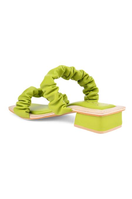 Kaltheos Green Plain Maureen Square Toe Ruffle Strap Block Heels at Aza Fashions Kaltheos_Green Plain Maureen Square Toe Ruffle Strap Block Heels_at_Aza_Fashions