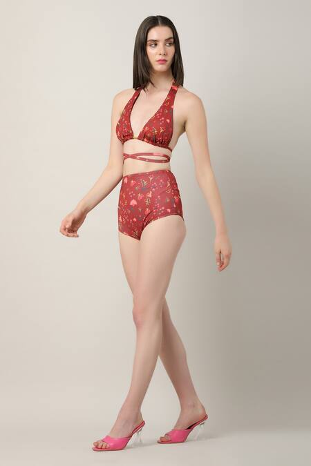Buy_Limerick By Abirr N' Nanki_Multi Color Polyester, Spandex Plunge Neck Rylie Floral Print Bikini Set _Online_at_Aza_Fashions