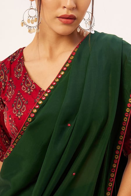 Shop Zariya The Label Green Silk, Modal, Placed Handblock Print Patch Pre-draped Saree With Blouse Online at Aza Fashions Shop_Zariya The Label_Green Silk, Modal, Placed Handblock Print Patch Pre-draped Saree With Blouse_Online_at_Aza_Fashions