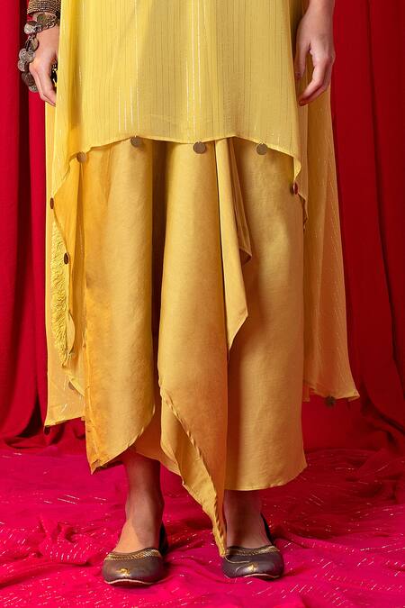 Enech_Yellow Shimmer Georgette Embroidered Kimono Tunic And Draped Skirt Set  _at_Aza_Fashions
