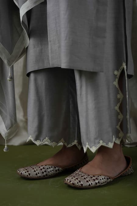 Kanika Sharma_Grey Chanderi Silk, Modal, Muslin Embroidery, Cut Work Bandeau Kurta Palazzo Set _at_Aza_Fashions