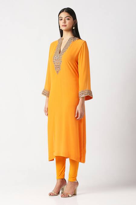 Shop_Labbada_Yellow Viscose Georgette Hand Embroidered Marodi V Neck Yoke Kurta Set_Online_at_Aza_Fashions