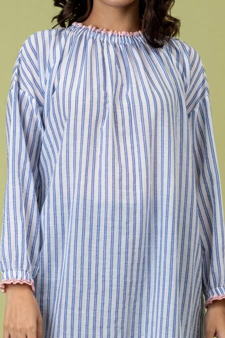 Doodlage_Blue Upcycled Cotton Striped Round Jaylen Tunic_at_Aza_Fashions