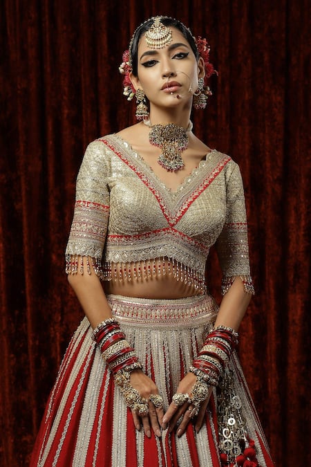 Shop Shikhar Sharma Red Silk, Chanderi, Crepe, Chiffon Surkh Anardana Gota Bridal Lehenga Set Online at Aza Fashions Shop_Shikhar Sharma_Red Silk, Chanderi, Crepe, Chiffon Surkh Anardana Gota Bridal Lehenga Set _Online_at_Aza_Fashions