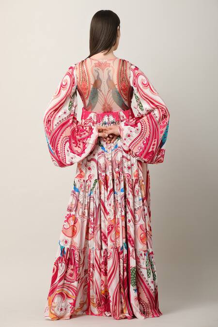 Buy_Limerick By Abirr N' Nanki_Multi Color Crepe Embroidered Paisley Hiya Balloon Sleeve Tiered Dress  _Online_at_Aza_Fashions