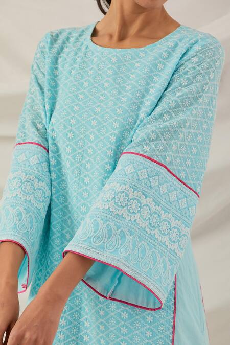 The Indian Cause_Blue Cotton Piping, Embroidery Round Neck Chikankari Kurta With Contrast Palazzo_at_Aza_Fashions