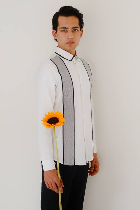 Lacquer Embassy_White Cotton Piping Striped Print Designer Shirt _at_Aza_Fashions