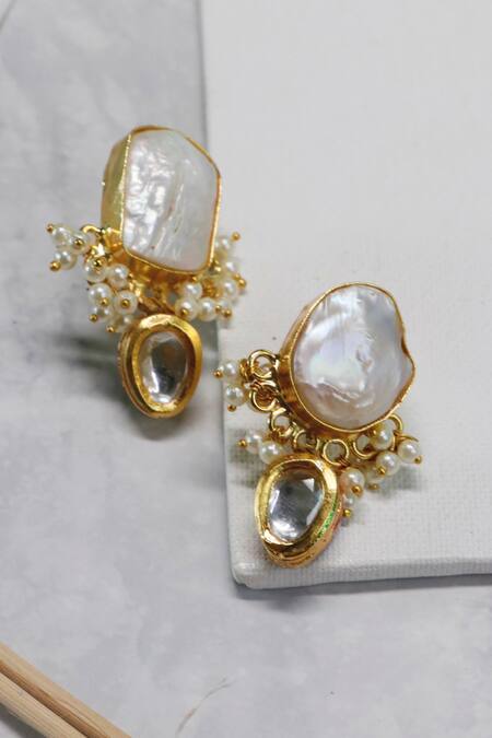 Ishhaara Gold Plated Pearls Kundan Shell Necklace Set at Aza Fashions Ishhaara_Gold Plated Pearls Kundan Shell Necklace Set _at_Aza_Fashions