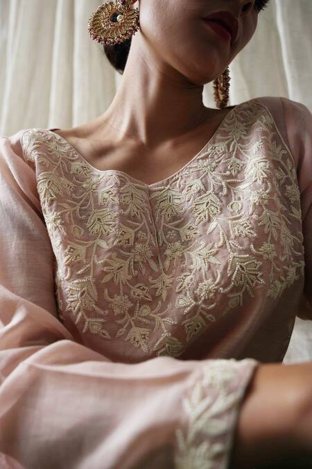 Kanika Sharma Pink Chanderi Silk, Modal, Cotton, Muslin Pearls, Embroidery, Kurta Pant Set at Aza Fashions Kanika Sharma_Pink Chanderi Silk, Modal, Cotton, Muslin Pearls, Embroidery, Kurta Pant Set _at_Aza_Fashions