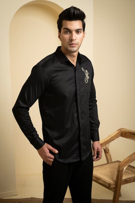 Hilo Design_Black Gingham Embroidery Perto Reindeer Shirt _at_Aza_Fashions