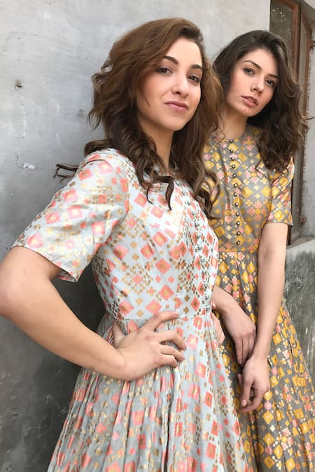 I Am Design_Green Silk Ikat Print Round Gown _at_Aza_Fashions