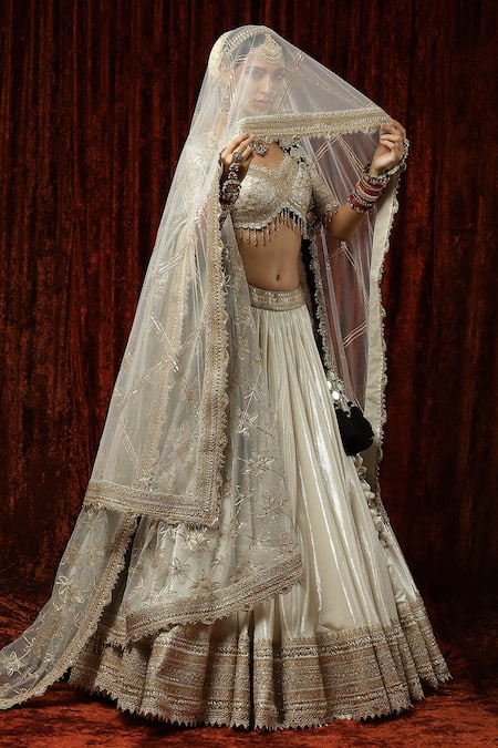 Shop_Shikhar Sharma_Silver Lehenga Cotton Simmer Chanderi Embroidered Chandni And Dori Bridal Set _Online_at_Aza_Fashions