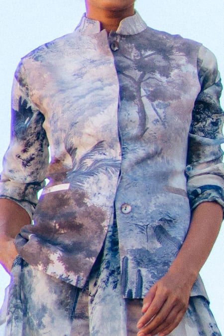 Sahil Kochhar_Blue Georgette Print Jungle Aaranya Jacket  _Online_at_Aza_Fashions