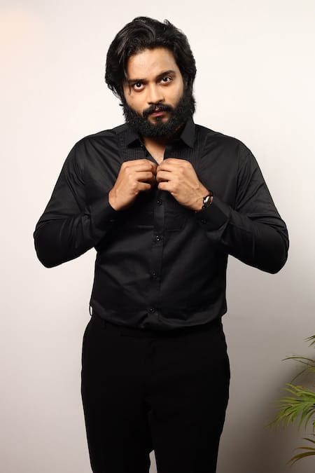 Hilo Design_Black Cotton Satin Pintuck Shirt _at_Aza_Fashions