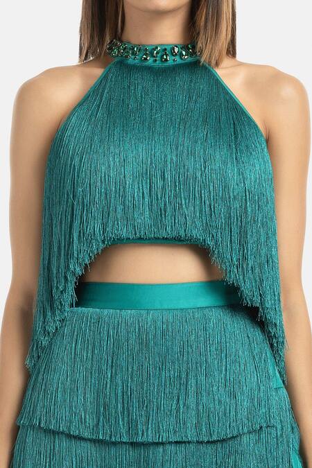 431-88 By Shweta Kapur_Green Satin Stones, Tassels Halter Neck Fringe Embellished Top_Online_at_Aza_Fashions