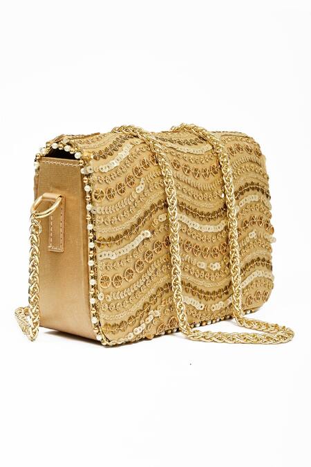 Shop_Miar Designs_Gold Sequin And Bead Embellished Siya Box Clutch_Online_at_Aza_Fashions