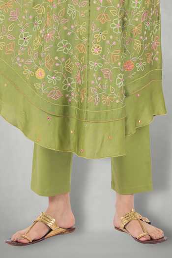 I Am Design_Green Cotton , Silk Organza, Linen Aari Embroidered Kurta Pant Set _at_Aza_Fashions