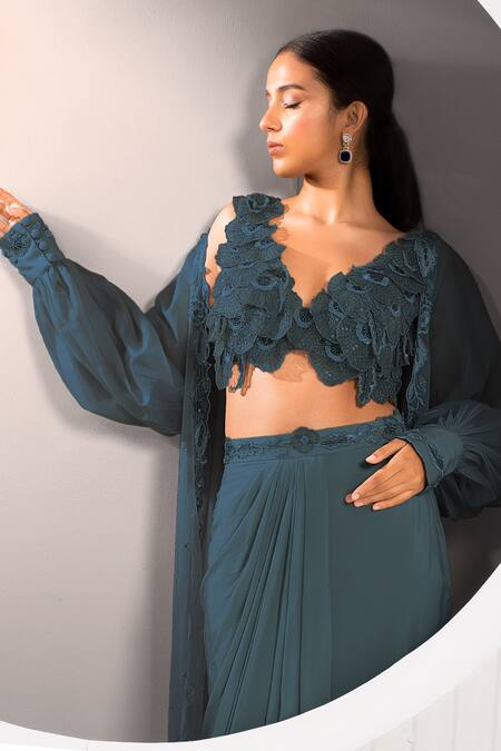 Jade By Ashima Blue Organza, Crepe Embroidery, Tassels, Floral Blouse And Draped Skirt Set at Aza Fashions Jade By Ashima_Blue Organza, Crepe Embroidery, Tassels, Floral Blouse And Draped Skirt Set _at_Aza_Fashions