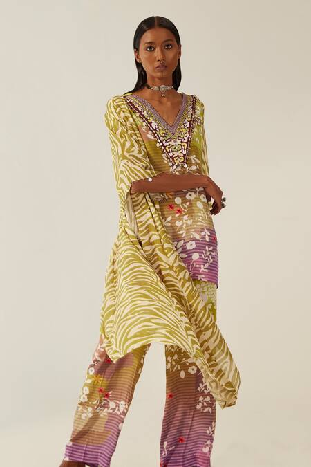 Amka Green Crepe, Chiffon Embroidery V-neck Nikafika Leopard Print Cape Tunic Set at Aza Fashions Amka_Green Crepe, Chiffon Embroidery V-neck Nikafika Leopard Print Cape Tunic Set_at_Aza_Fashions