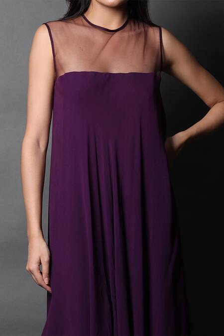 Swatee Singh_Purple Georgette, Hemp Round Neck Sheer Handkerchief Draped Jumpsuit _at_Aza_Fashions