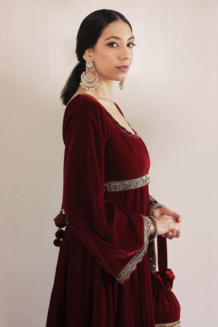 Shrutkirti Red Silk, Velvet Tassels, Embroidery Round Neck Anarkali Palazzo Set at Aza Fashions Shrutkirti_Red Silk, Velvet Tassels, Embroidery Round Neck Anarkali Palazzo Set_at_Aza_Fashions