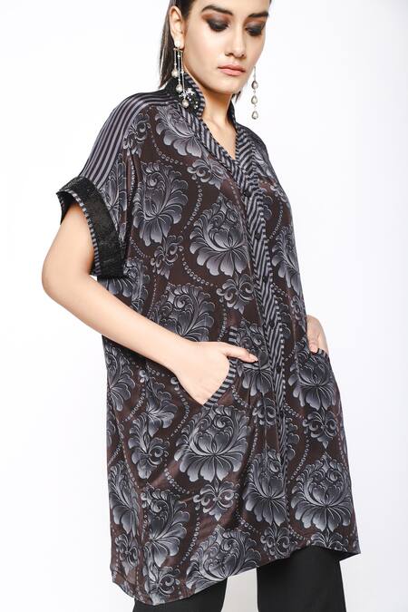Anmol Kakad_Black Crepe Silk Strobe Damask Floral Pattern Shirt_at_Aza_Fashions