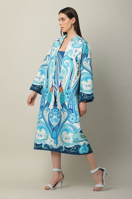 Buy_Limerick By Abirr N' Nanki_Multi Color Crepe Embroidery Collared Valentia Long Printed Jacket _Online_at_Aza_Fashions