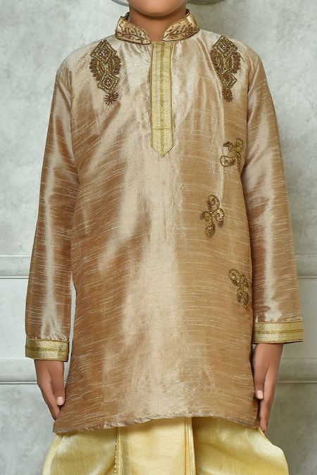 Petite Pomme_Brown Silk Beads, Stones Work Kurta And Dhoti Pant Set _Online_at_Aza_Fashions