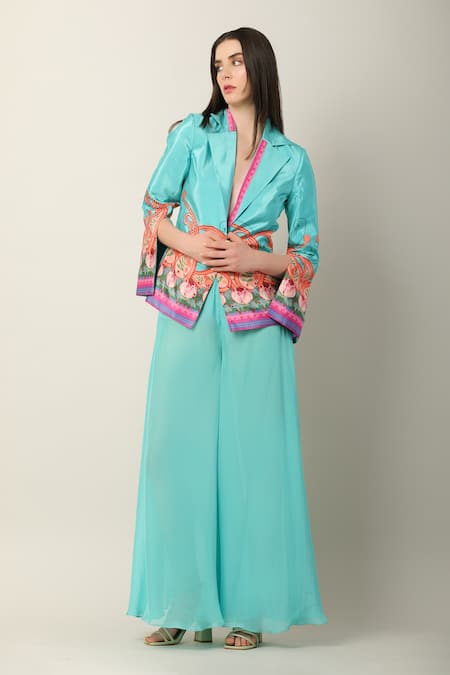 Limerick By Abirr N' Nanki_Blue Georgette Plain Ela Flared Pant  _at_Aza_Fashions