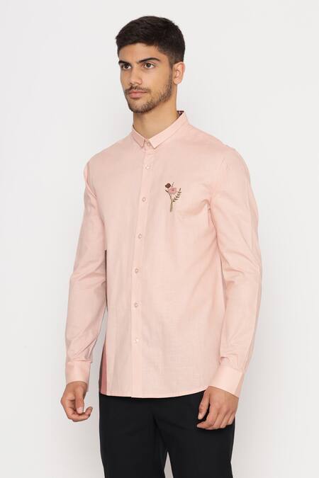 Lacquer Embassy Pink Cotton Embroidery Floral Motif Button Down Shirt at Aza Fashions Lacquer Embassy_Pink Cotton Embroidery Floral Motif Button Down Shirt _at_Aza_Fashions