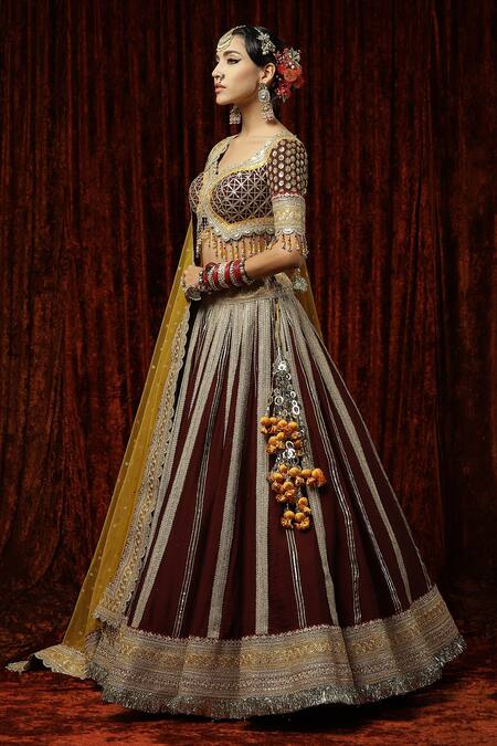 Shop Shikhar Sharma Maroon Silk, Chanderi, Net Beads, Genda Phool Gota Bridal Lehenga Set Online at Aza Fashions Shop_Shikhar Sharma_Maroon Silk, Chanderi, Net Beads, Genda Phool Gota Bridal Lehenga Set _Online_at_Aza_Fashions