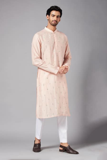 Shop_Hilo Design_Peach Cotton, Lycra, Silk Embroidery Moori Flower Kurta Set _Online_at_Aza_Fashions