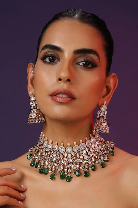 Shop_Swabhimann_Green Diamonds, Stones Polki Embellished Necklace Set _Online_at_Aza_Fashions