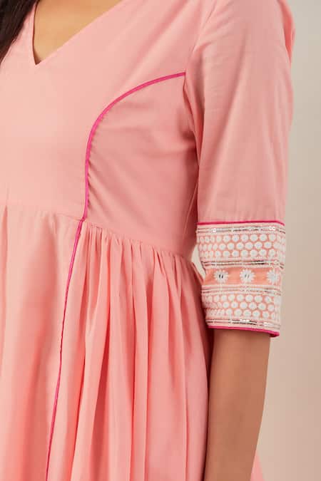 The Indian Cause_Peach Cotton Embroidery, Sequins, Lace V-neck V Anarkali And Palazzo Set _at_Aza_Fashions