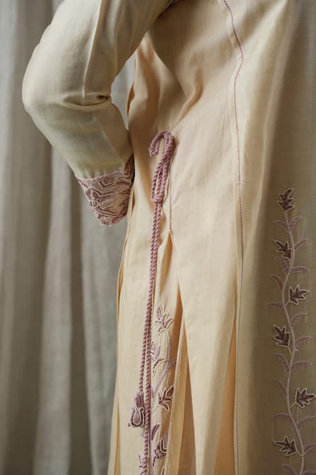 Kanika Sharma Beige Chanderi, Cotton Pearls, Embroidery V-neck Layered Kurta And Pant Set at Aza Fashions Kanika Sharma_Beige Chanderi, Cotton Pearls, Embroidery V-neck Layered Kurta And Pant Set _at_Aza_Fashions