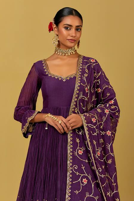 Ikshita Choudhary Purple Chanderi Embroidery V-neck Anarkali With Dupatta at Aza Fashions Ikshita Choudhary_Purple Chanderi Embroidery V-neck Anarkali With Dupatta _at_Aza_Fashions