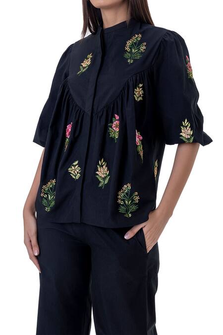 Gaya Multi Color Cotton Embroidered Floral Band Collar Blossom Shirt at Aza Fashions Gaya_Multi Color Cotton Embroidered Floral Band Collar Blossom Shirt _at_Aza_Fashions